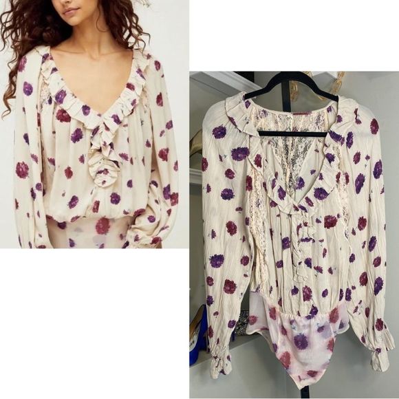 Free People Tops - Free People Bodysuit Blouse. Ivory, w/ purple Poppy flowers
